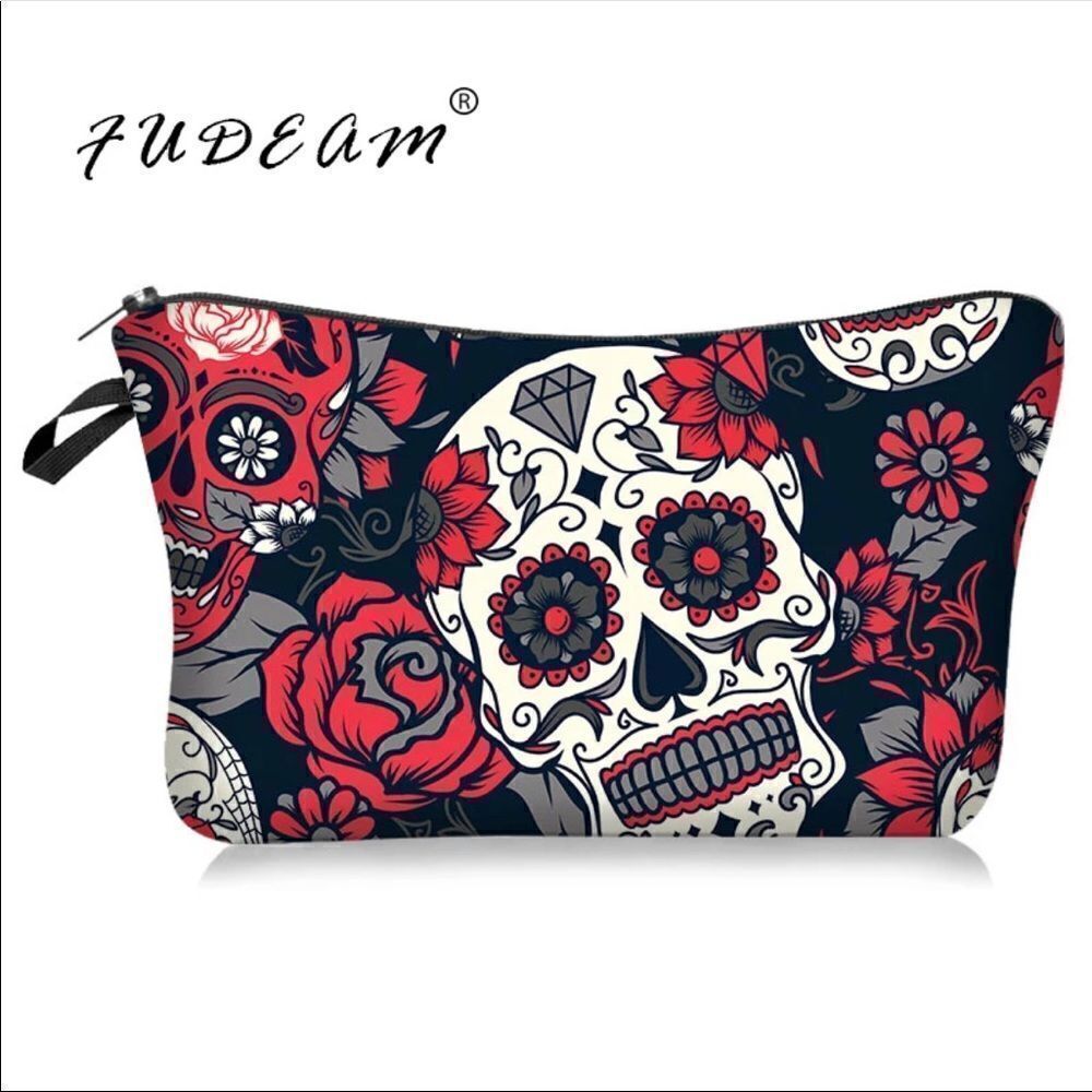 Cosmetic Bag Skulls black & red print 4 poly mailers stickers skulls